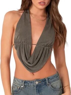Edikted plunge cowl halter neck open back crop top